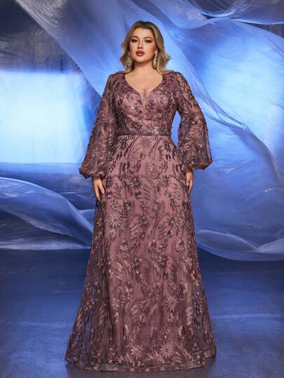 Glamrae Vestido de la madre de la novia de talla grande en elegante rosa pálido con bordado floral y decoración con rhinestones, manga farol, vestido de manga larga