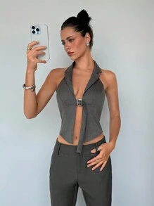 Aloruh Damen ärmelloses einfaches figurbetont Lässig Trägershirt, Pendelkleidung - Grau - Übersicht 7