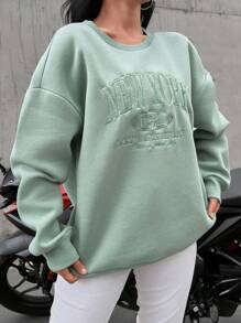 Cotton Letter Embroidery Drop Shoulder Thermal Lined Sweatshirt - Green - View 4