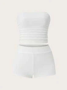 SHEIN LUNE 女士加大码纯色褶皱抹胸和修身短裤休闲两件套，3 种颜色