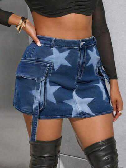Grunge Punk Plus Size Summer Music Festival Vintage Distressed Star Pattern Cargo Pocket Denim Mini Skirt