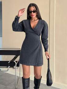 EURMUSE WOMAN BELTED ANVELOP MINI DRESS GREY WASH - Grey - View 1