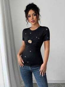 Chiquease Black Gold Foil Luxury Party Casual Twist Floral Decorated Short Sleeve T-Shirt - Black - View 4
