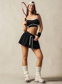 VARSITIE Black Low-Rise Elastic Drawstring Mini Women Sports Skirts & Skorts