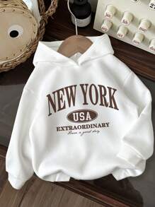 SHEIN Sudadera holgada con capucha de manga larga, estilo minimalista casual, con estampado de letras "New York" para adolescentes