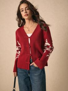 Poéselle Women's Floral Print Red Cardigan, Sweater Fall Winter Women Sweaters Fall Long Sleeve Cardigan Vintage Disc Button Cardigan Autumn 2024 AW