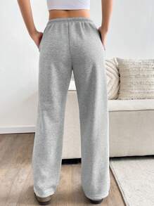 SHEIN PETITE 灰色低腰抽绳系带斜口袋直筒阔腿运动裤，时尚简约休闲日常百搭，适合娇小女性，春秋季 - 灰色 - 查看 2