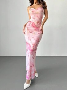 Firerie Đầm Maxi Ôm Body Hở Lưng In Lưới Chuyển Màu Ombre Lãng Mạn, Thiết Kế Phồng Nếp Thanh Lịch Dành Cho Nữ, Thích Hợp Cho Ngày Lễ Tình Nhân, Mùa Xuân/Hè - Hồng - Xem 3