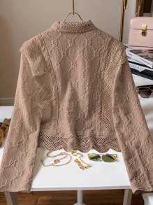 Franclia 女士蕾丝边法式领前纽扣长袖女式衬衫 - 棕色 - 查看 2