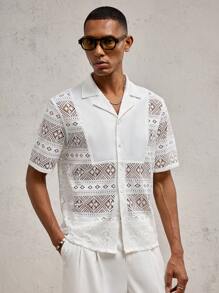 AKNOTIC Business Casual 男士白色条纹钻石提花网眼拼布半透明宽松休闲衬衫，适合日常穿着、春夏、度假和婚礼 - 白色 - 查看 5