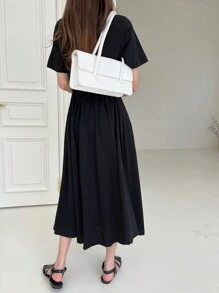 DAZY 女式纯色圆领抽绳腰修身中长连衣裙，黑色，春夏，休闲女装 - 黑色 - 查看 2