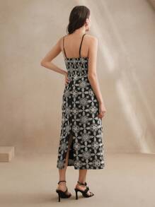 Anewsta Elegant Embroidery Long Slip Dress For Women, Spring/Summer, Floral, Beach Vacation - Black and White - View 5