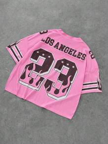 Aesthetic Post--Men's Sportswear College INS Basketball Jersey, Mesh Fabric, Oversized Number 23 Los Angeles Lettering Flame Print, Loose-Fit Pink V-Neck Short Sleeve T-Shirt . Jersey Shirt ,Men's V-Neck Short Sleeve Numeric Print Simple T-Shirt, Casual Everyday Wear - Pink - View 2