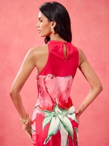 Becci Designer Red Floral Printed Halter Long Dress, Concert Outfit Spring & Summer, Festival, Prom Dress Brunch Outfits Tea Party Dress - Red - View 5