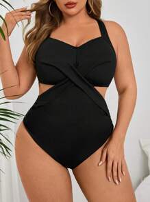 SHEIN Swim Curve Plus Size Women's Solid Color Knitted Halter Spaghetti Strap One-Piece Swimsuit, Simple Design For Everyday Wear And Vacation, For Summer Beach - Black - View 4