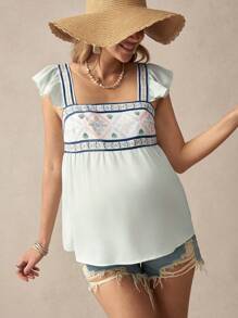 SHEIN Maternity Ruffle Trim Square Collar Simple Casual Blouse - Green - View 1