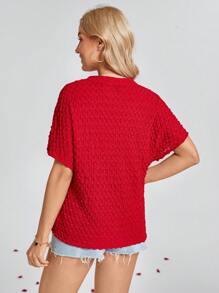 SHEIN LUNE 女士红色立领提花短袖衬衫，情人节 - 紅色 - 查看 2