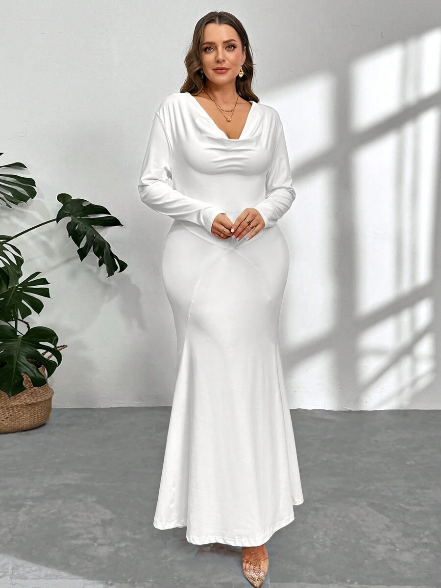 SHEIN Privé Plus Size White Solid Color Bodycon Fish Tail Dress, Elegant Sexy Deep Draped Neck Long Sleeve Tunic Dress, Suitable For Date, Vacation, Spring/Autumn