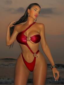 Swim SXY Sexy Vacation Slash Shoulder Metal Decor Hollow Out One Piece Swimsuit For Women Summer - Red - View 1