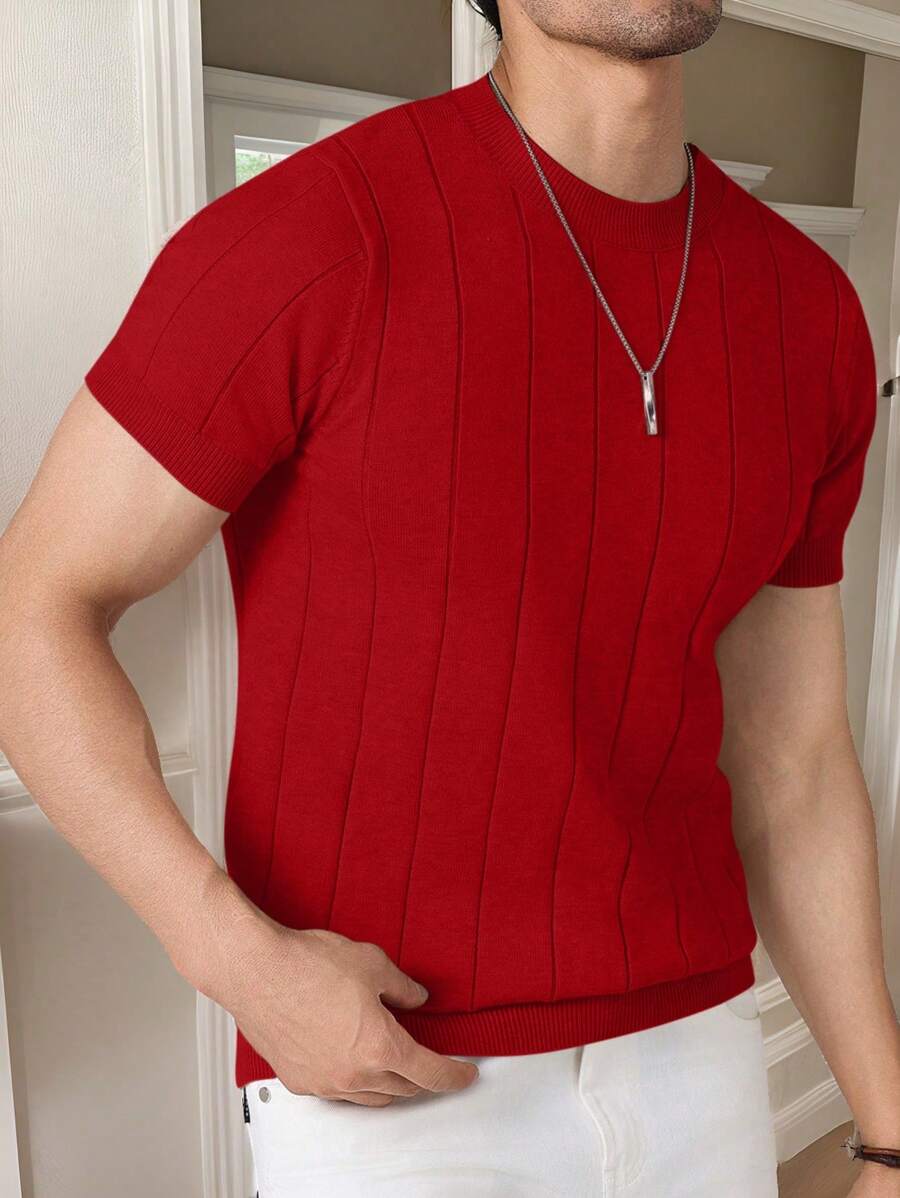 Manfinity Homme 男士纯色圆领短袖休闲针织上衣 - 紅色 - 查看 1