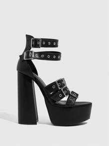 Sugerpunk Round Toe Thick High Heel Platform Women High Heel Sandals, Unisex Edgy Style, Suitable For Cool Girls, Bad Girls, Night Wear, Street Style, Sexy Date & Party, Summer For Christmas - Black - View 2