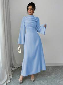 Elenzga 女式立领褶皱长袖纯色中长连衣裙长款女装 - 藍色 - 查看 3