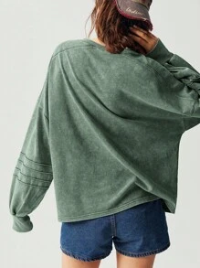 Bohemela Áo nỉ dài tay dáng rộng cổ chữ V màu trơn thoải mái cho nữ mùa thu/đông - màu xanh lá - Xem 3