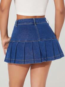 SHEIN PETITE Plain Color Pleated Pocket Button Decor Casual Denim A-Line Skirt - Medium Wash - View 2