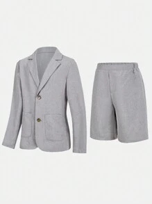 SHEIN Leap Crew 2pcs/Set Tween Boy Casual Blazer Jacket & Shorts Set, Suitable For School, Commute, Formal Occasions, Parties, Spring, Summer, Autumn, Winter - Grey - View 12