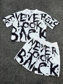 Manfinity EMRG Men's Youthful Street INS Black And White Color Block Oversized Letter Splash Ink Graffiti Digital Print Short Loose Fit Round Neck T-Shirt And Shorts Set , Men Two Pieces Outfits ,Rapper