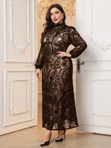 Modelyn Plus Size Women Elegant Round Neck Velour Dress Long Evening Dresses