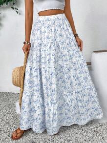 SHEIN VCAY 大码碎花印花喇叭裙，休闲假日风格