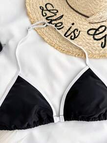 SHEIN Teen Girls Spring & Summer Girls Swimwear Knitted Black & Apricot Bow Contrast Suspender Bikini Two-Piece Swimwear Set, Vacation Style, Holiday, Black & White, Beach Clothes - Black and White - View 4