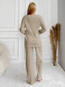 RueChic 100%Cotton Letter Printed Knitted Ribbed Homewear Set - Beige - View 2