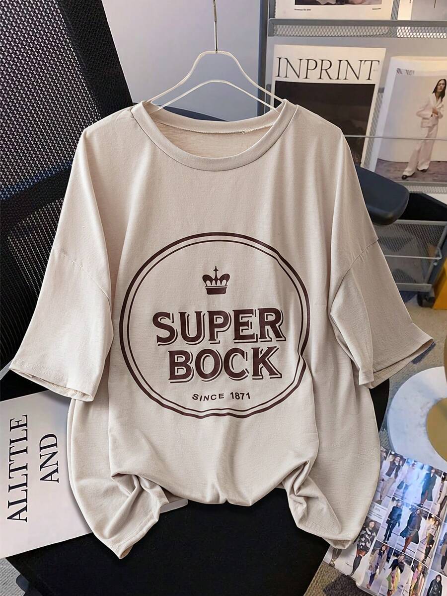 Chiquease 女士短袖印花T恤，休闲工作服，毕业 - 杏色 - 查看 1