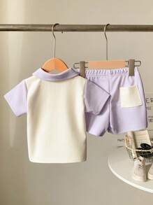 SHEIN 2pcs Waffle Knit Shirt & Shorts Set For Infant Toddler Unisex Baby Boy Girl 0-3 Years Old, Casual Daily Simple Contrast Color Outfit - Purple - View 3