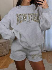 2pcs/Set Women Letter Print Round Neck Long Sleeve Top And Shorts Outfit