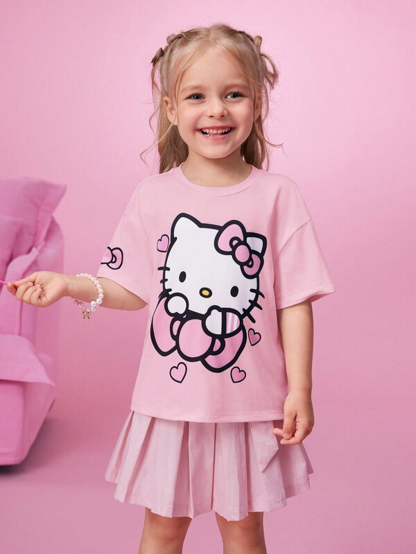 HELLO KITTY AND FRIENDS | SHEIN Young Girl Casual Bow & Kitten Print Loose Fit Short Sleeve Pink T-Shirt, Versatile