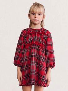 SHEIN 年轻女孩格子印花蝴蝶结点缀休闲舒适圆领长袖短裙，适合圣诞节、新年派对、秋冬季 - 紅色 - 查看 1