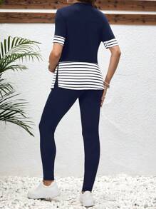 SHEIN Bộ 2 món/Bộ đồ thường ngày cho phụ nữ mang thai cổ tròn màu trơn chắp vá áo dài và quần dài - Màu xanh hải quân - Xem 2