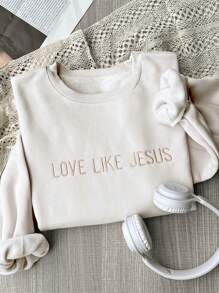 INAWLY Like Jesus Love Embroidered Design / Plus Size Loose Casual Solid Color Crew Neck Women Sweatshirt / New Autumn Winter Style / Gift For Jesus Believers Graduation,Back To School,Graduation,Teacher For Women,Back To School Pullover Fall Sweatshirt - Beige - View 1