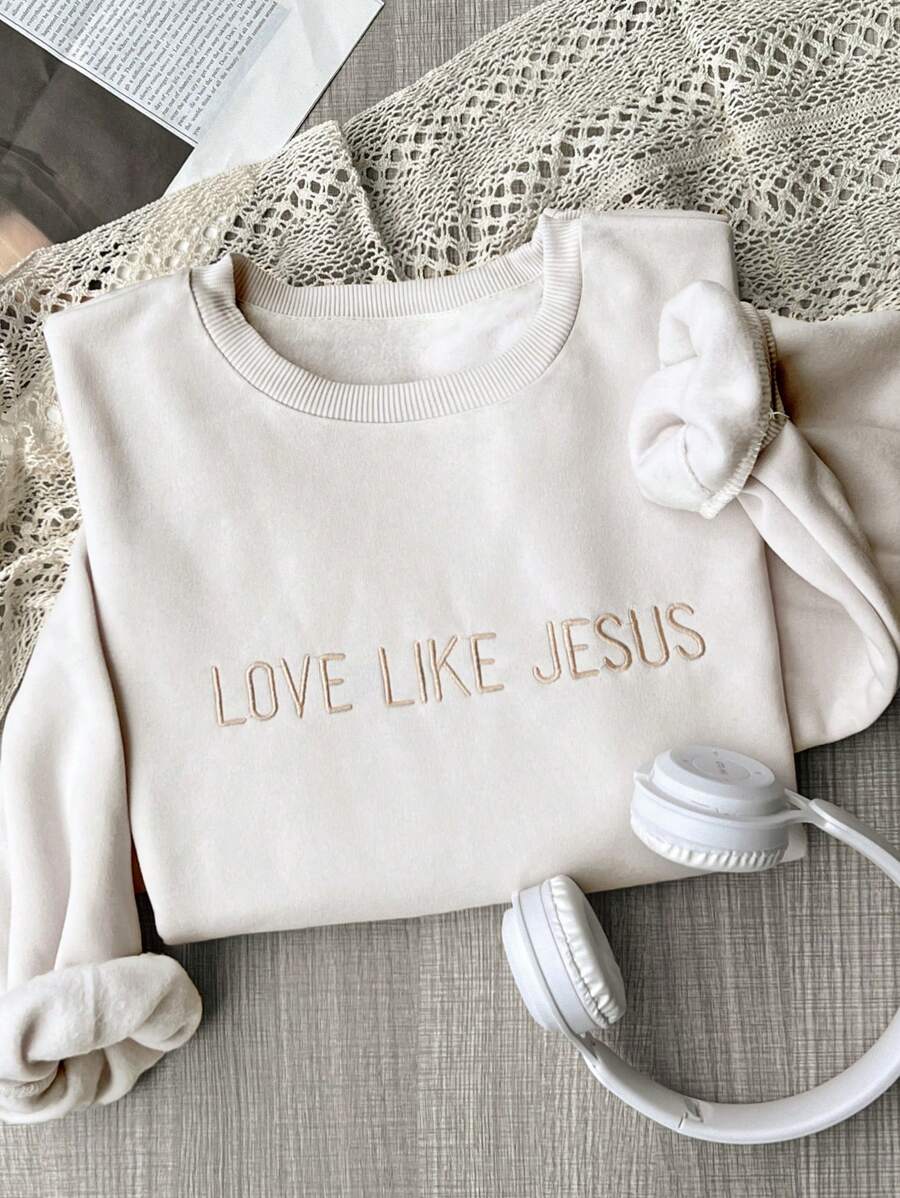 INAWLY Like Jesus Love Embroidered Design / Plus Size Loose Casual Solid Color Crew Neck Women Sweatshirt / New Autumn Winter Style / Gift For Jesus Believers Graduation,Back To School,Graduation,Teacher For Women,Back To School Pullover Fall Sweatshirt - Beige - View 1