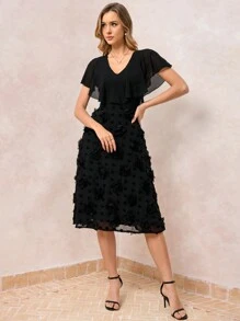 SHEIN Clasi Women's Solid Color V-Neck Ruffle Hem Mid-Calf Dress Summer Outfits For Women Teacher Outfits For Women Black Dress - Black - View 7