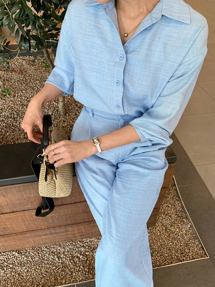 DAZY 2 Peças Conjunto Mulher Top de Alta Qualidade e Calça Casual, Estilo Fashionista, Conjunto de Roupas de Loungewear para Outono - Azul - Visão 1