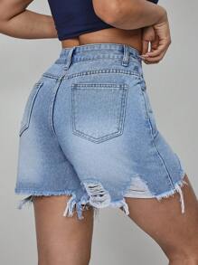 SHEIN PETITE 女式纽扣前口袋破洞休闲牛仔短裤 - 藍色 - 查看 2