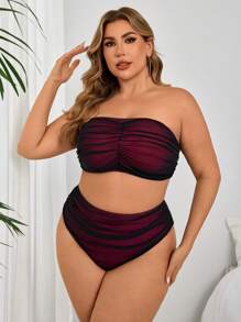 大码女式褶饰休闲夏季海滩度假泳装比基尼套装 - 黑色 - 查看 5