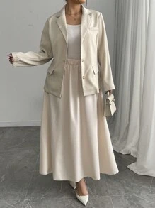 Elenzga 加大码纯色纽扣长袖西装外套和裙子优雅两件套 - 白色 - 查看 1