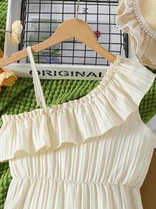 Tween Girls' Solid Color Asymmetrical Neck Ruffle Trim Jumpsuit, Casual Holiday Outfit