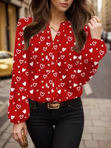 Glamance Carol Caju Women Red Blouses Long Sleeve Notched Casual Plain,All Over Print,Heart Summer Outfits For Women Summer Tops Going Out - Red - View 1