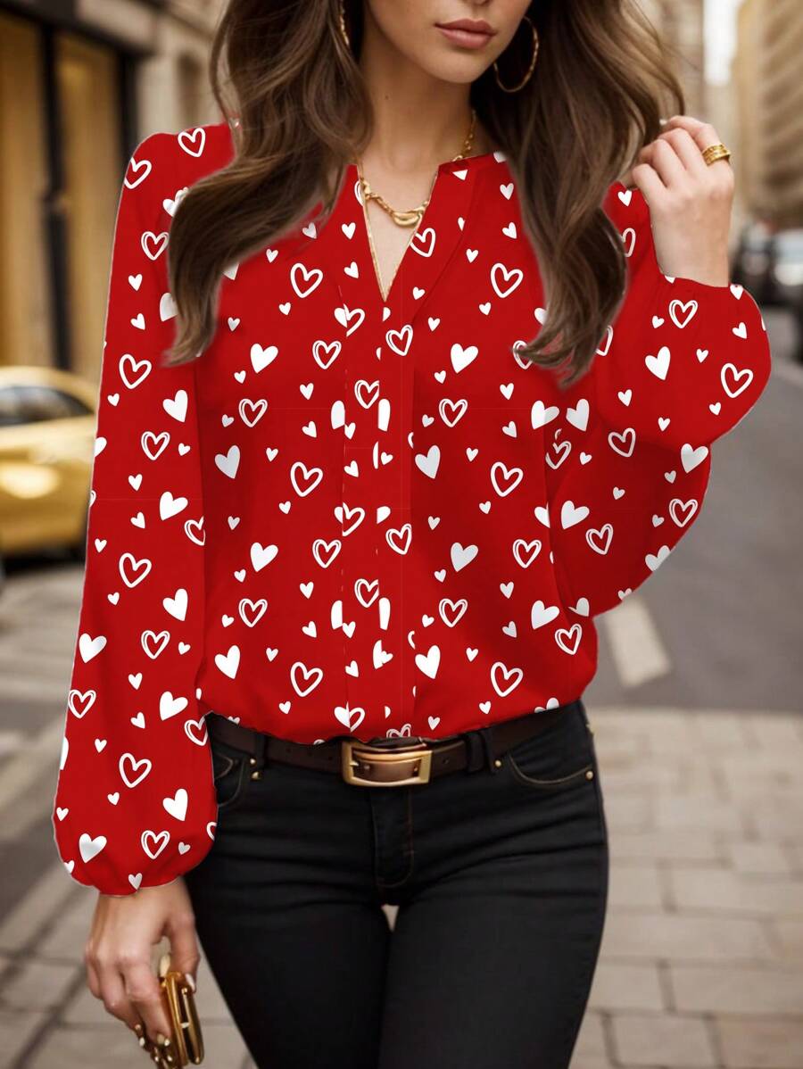 Glamance Carol Caju Women Red Blouses Long Sleeve Notched Casual Plain,All Over Print,Heart Summer Outfits For Women Summer Tops Going Out - Red - View 1
